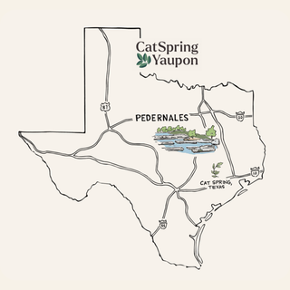Map of Texas with CatSpring Yaupon branding and Pedernales and Cat Spring, Texas location.